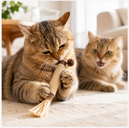 Deux chats découvrant un bâtonnet de Matatabi