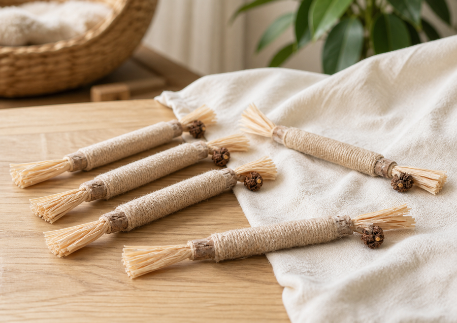 Bâtonnets Mewtabi disposés sur un tissu naturel